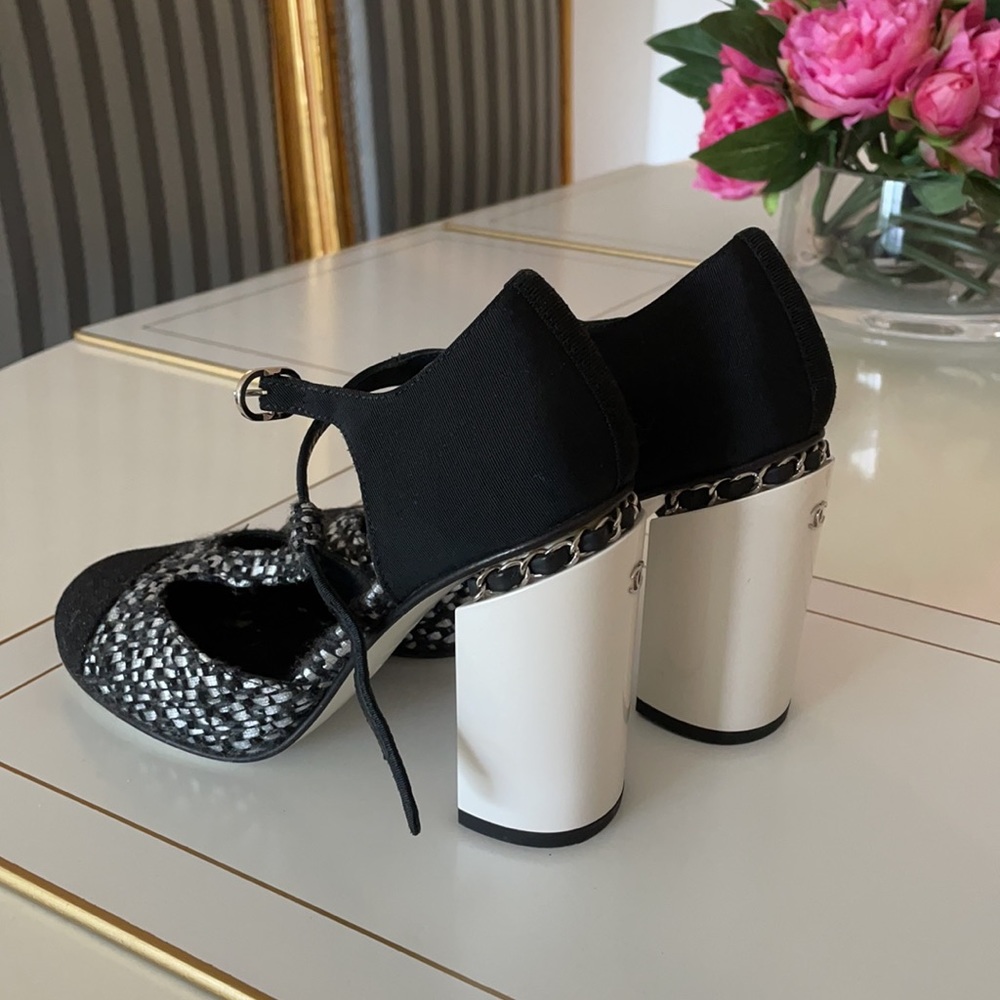 CHANEL Black White Silver Tweed Mary Jane Block Heel Sandals